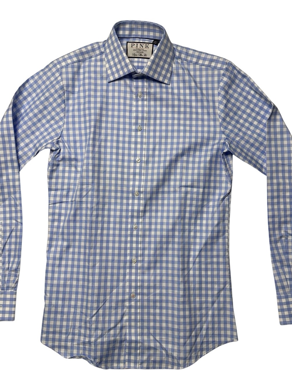 Thomas Pink Blue and White Gingham Dress Shirt Super Slim Fit